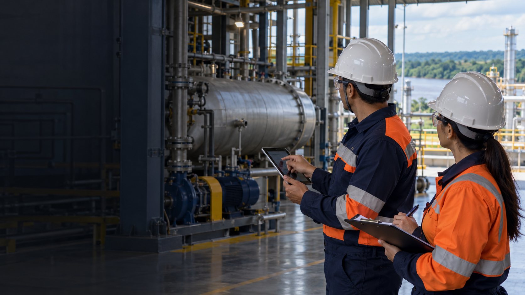 Equipe técnica realizando inspeção em instalação industrial